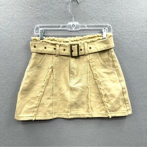 Khaki Denim Belted Mini Skirt Distressed Raw Hem Women Size S Beige Pockets